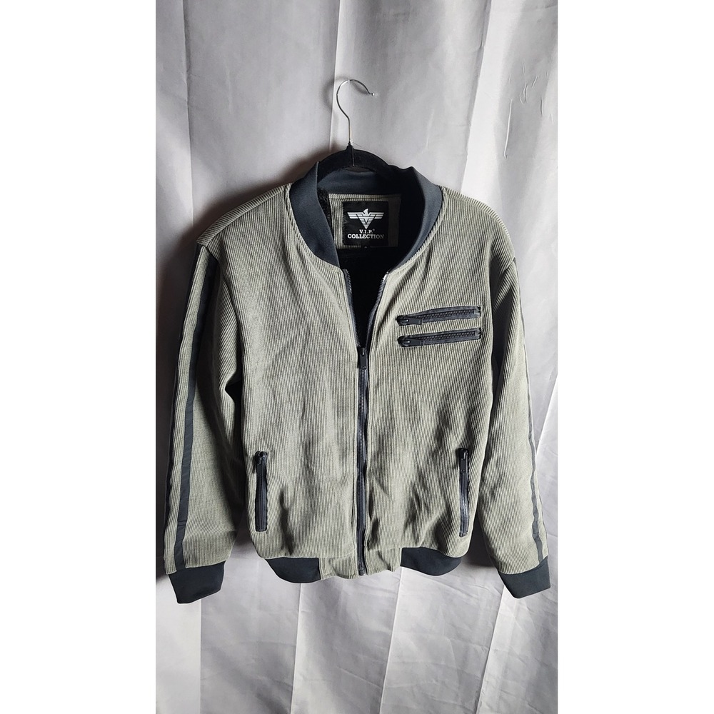 VIP Collection Mens Corduroy Bomber Jacket Sage Green Striped Sleeve Small